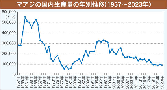 グラフ１：マアジの国内生産量の年別推移（１９５７～２０２３年）